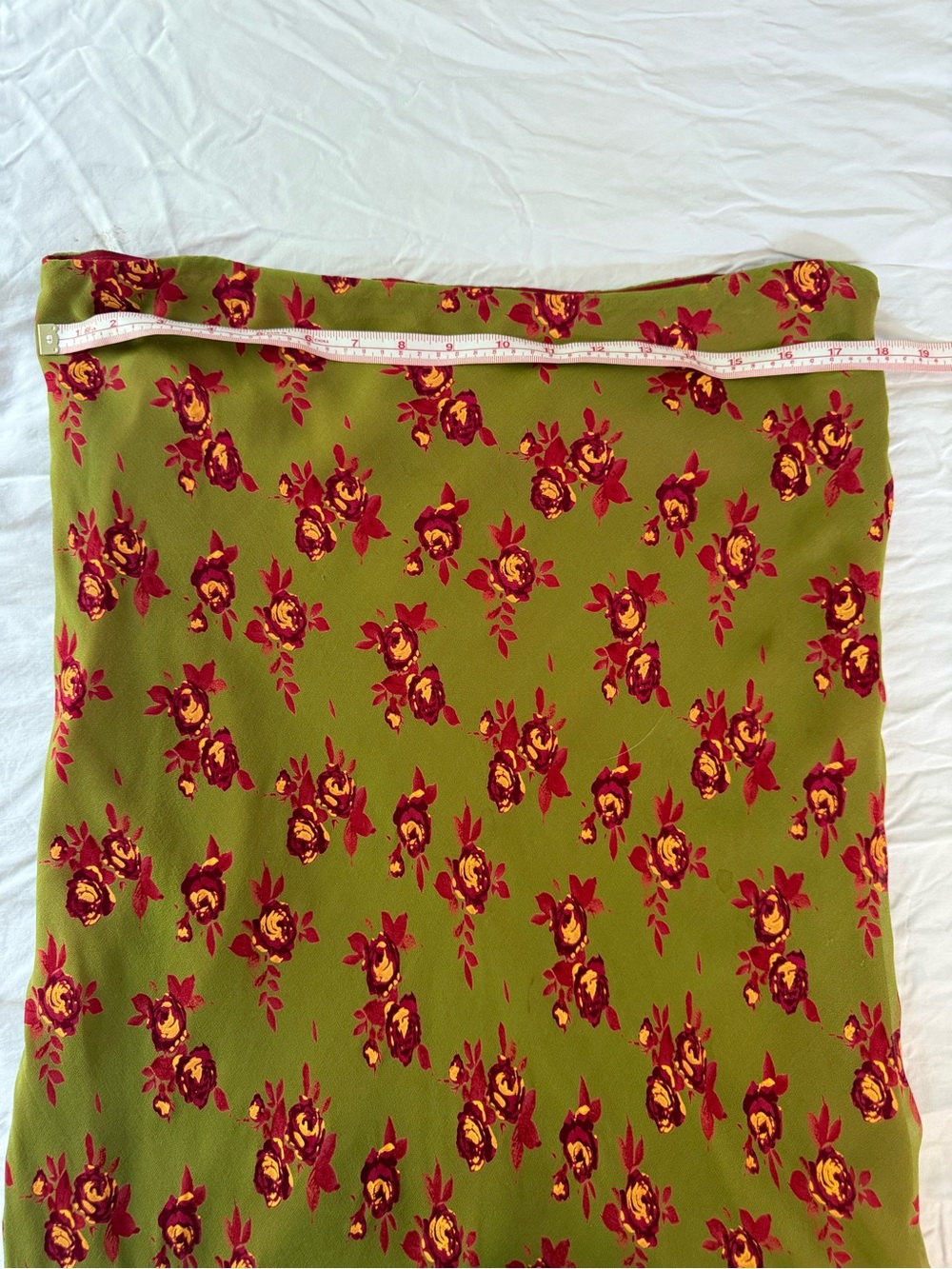 Anthropologie Olive Green Floral A-Line Skirt with Red-Burgundy Ruffle - Picture 4 of 8
